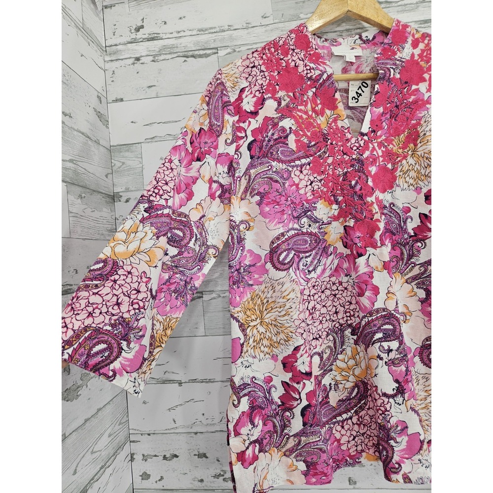 Charter Club Womens S Linen Cotton Paisley Embroidered Tunic Top Pink - Picture 3 of 9